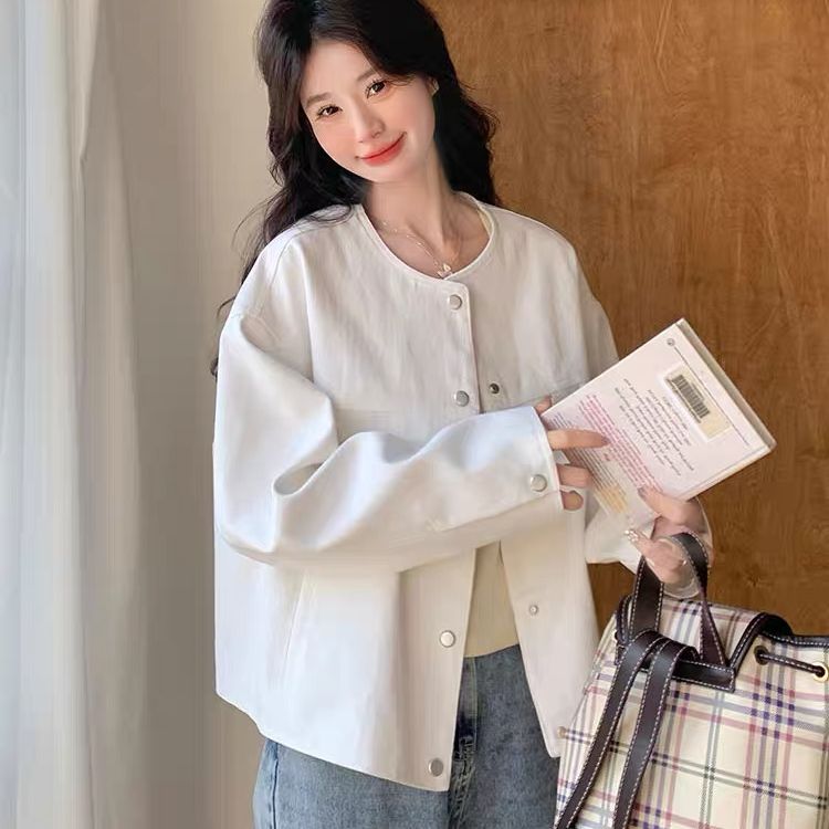 2025 Spring and Summer New White Hong Kong Style Casual Baseball Jacket Outerwear New Petite Fashion Jacket