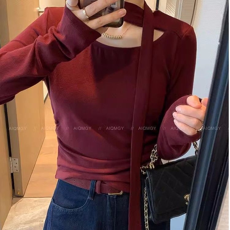 Modal cotton 260g new autumn and winter fashion casual style V-neck solid color versatile slim long-sleeved T-shirt for women