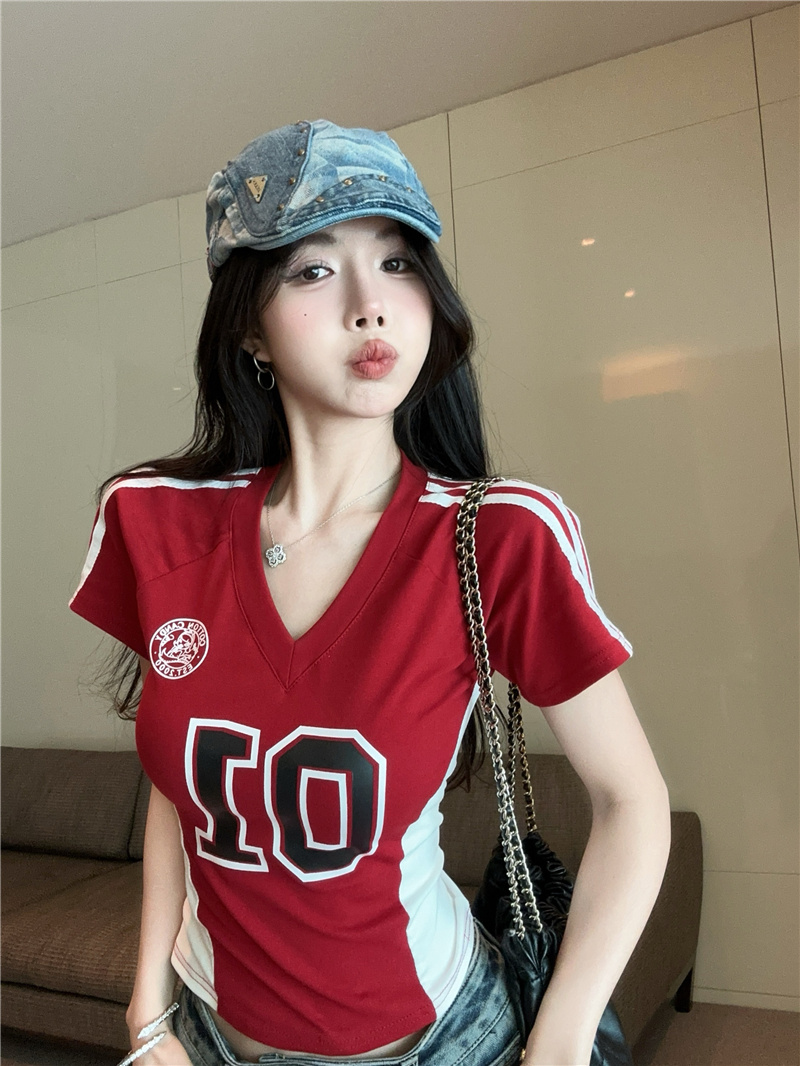 Actual Photos~American Retro Spicy Chic Print Two-Color Sports Jersey Tight Waist Short-Sleeve T-shirt for Women