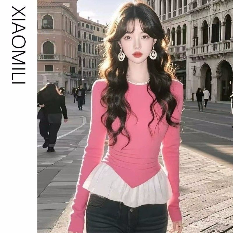 1*1 cotton pink lace spliced ​​long-sleeved T-shirt for women in spring sweet age-reducing slim base shirt