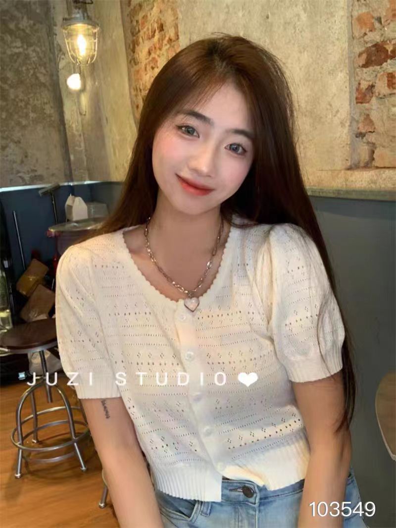 Hollow Ice Silk Short Sleeve Knit Cardigan for Women 2025 Summer New Arrival Bubble Sleeve Slimming Short Length Outerwear T-Shirt Top