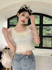 Real shot~ Sweet retro lace square collar top two-piece hook flower puff sleeve short shirt in spring and summer