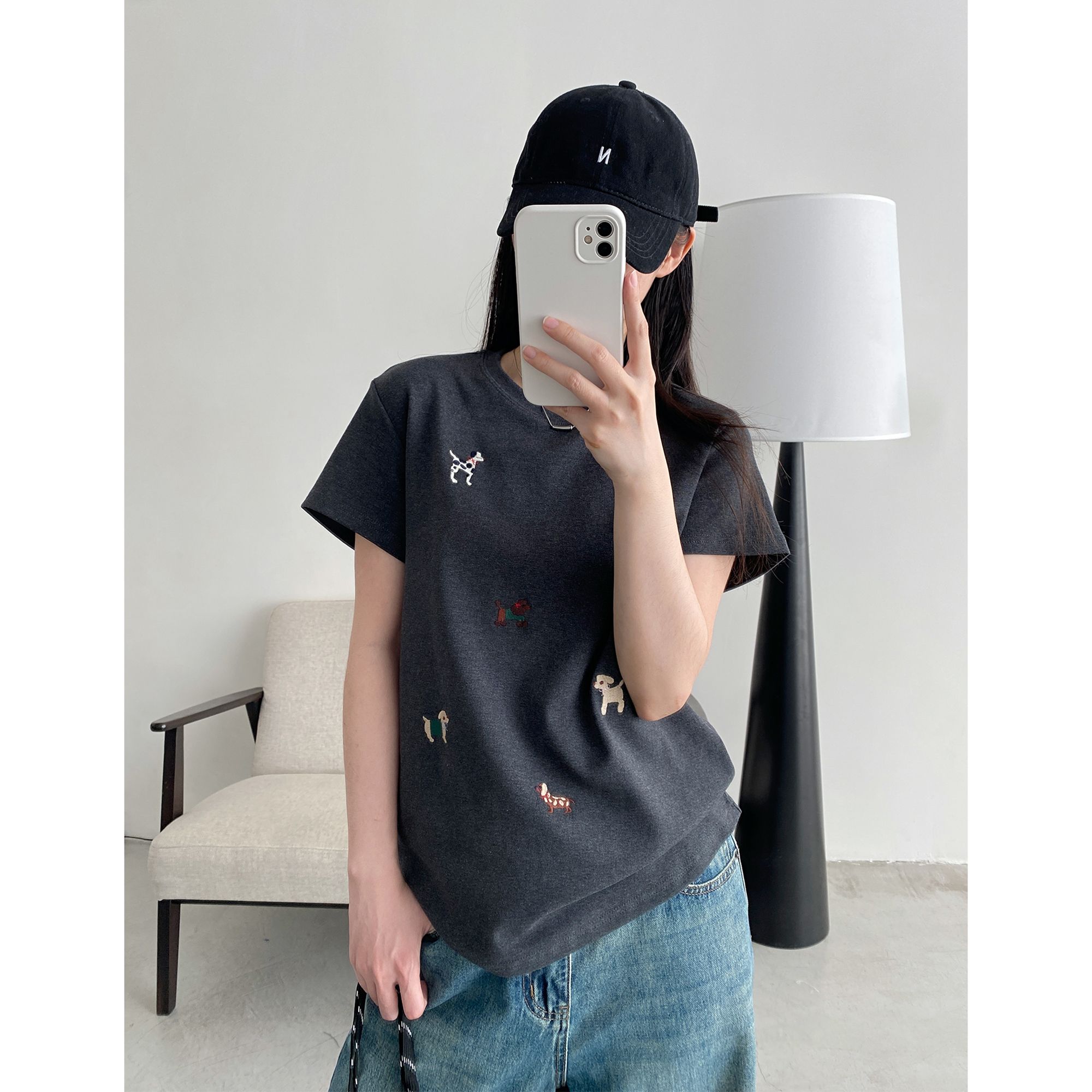 Men's cotton 260g puppy embroidered short-sleeved T-shirt for women in summer new loose slim round neck inner base shirt top