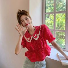 French sweet doll shirt Raspberry color rose red puff sleeve shirt women's summer design niche chic short-sleeved top