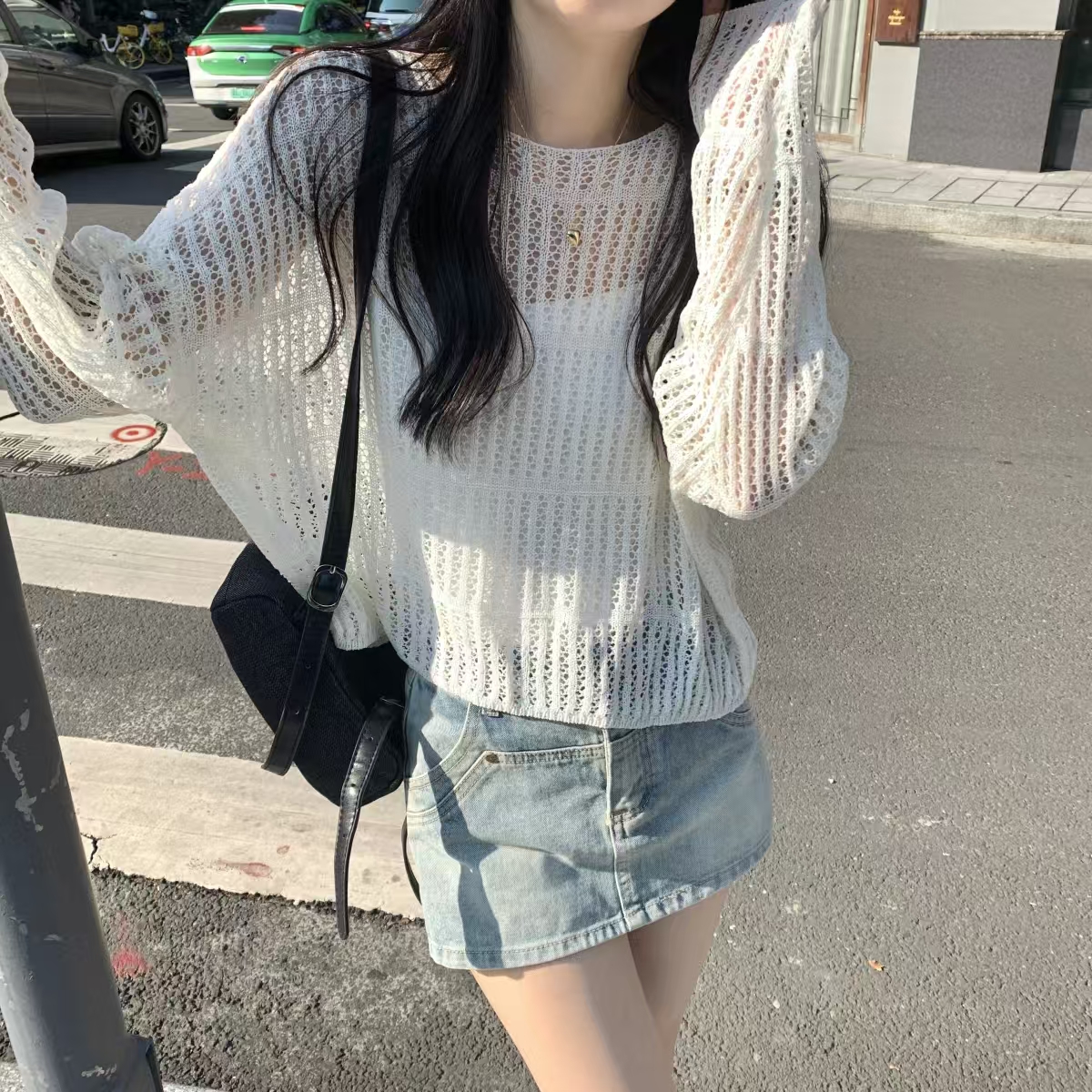 2025 Spring Mesh Overlay Air Conditioning Cover Shirt Sun Protection Ice Silk Thin Knit Top for Women - New Long Sleeve Short Sleeve Top