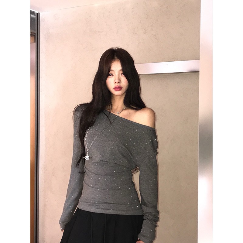 設計斜肩辣妹露肩長袖不規則T恤女2025新款韓版修身顯瘦上衣打底