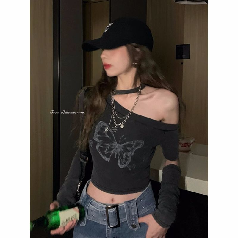 Original method + Modal cotton ribbed sleeve European and American windbreaker halter neck T-shirt