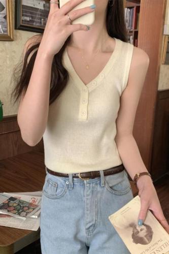 Real shot of summer Korean style half-open button v-neck 6 wool sweater sleeveless vest top for women