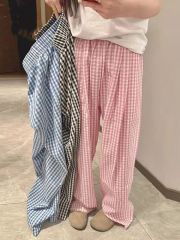 Original loose lazy style pink plaid casual pants women's spring and summer Yamamoto wide-leg pants thin walking pants
