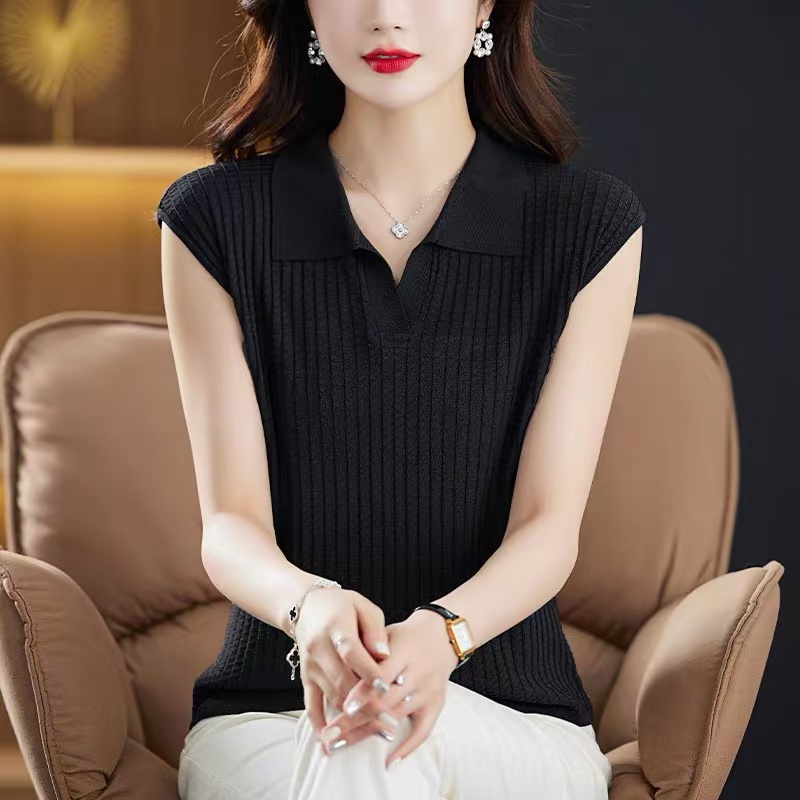 polo領短袖t恤女士2025新款媽媽夏裝洋氣無袖翻領上衣冰絲針織衫
