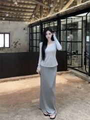 Tennis ultra-thin ribbed + cotton wool grey grey slim V-neck long-sleeved T-shirt lazy and slim versatile simple top