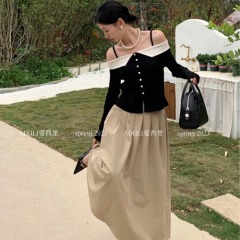 Designer V-Neck Top for Women - 2025 Spring and Autumn New Arrival, Unique Color Contrast, Trendy and Gentle Style