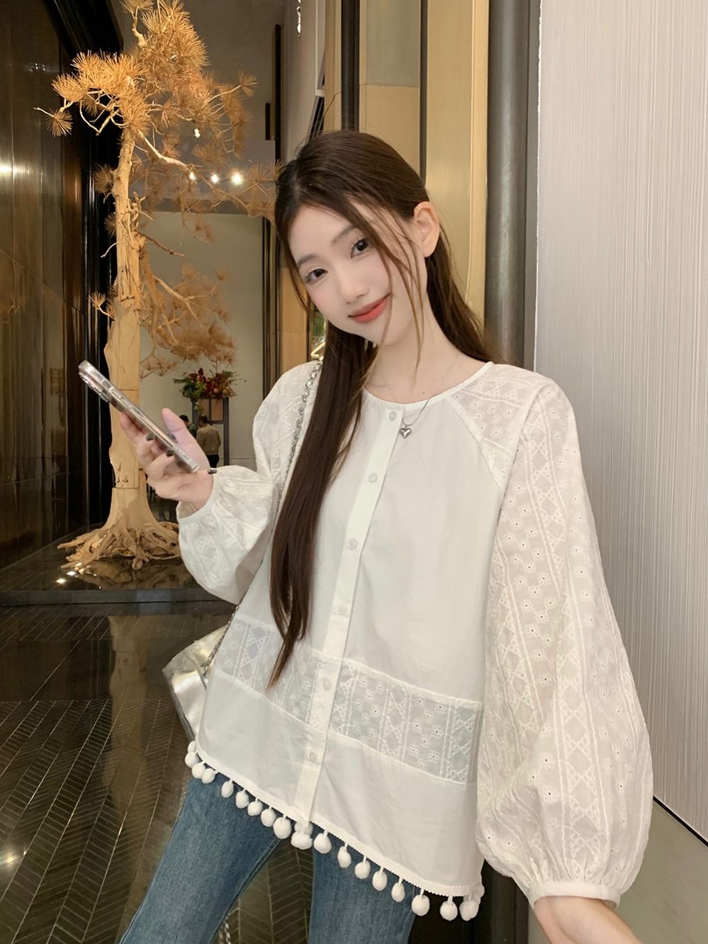 Spring women's small age-reducing versatile tassel round neck thin shirt design lace long-sleeved doll shirt top