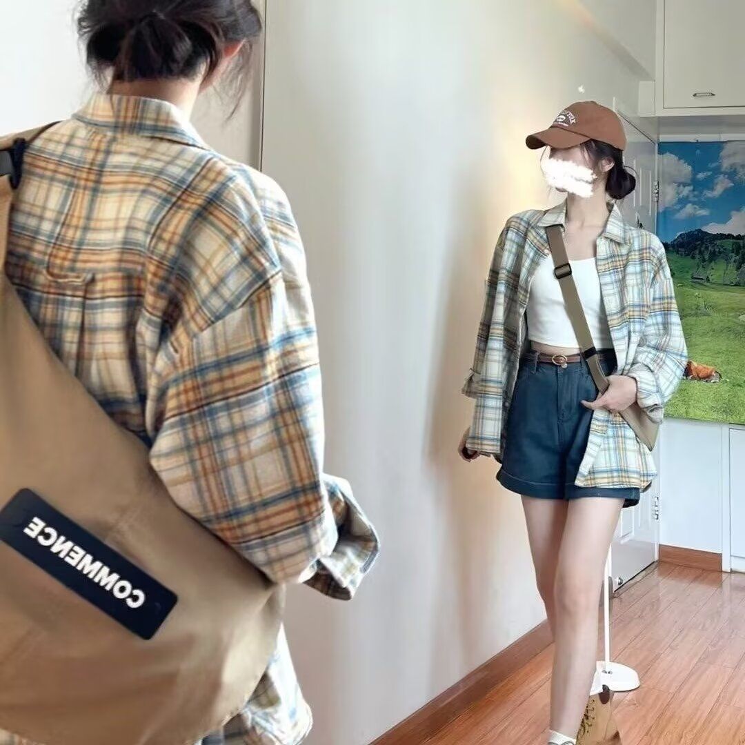 American retro Polo collar plaid shirt loose Hong Kong style dressing design sunscreen cardigan long-sleeved top