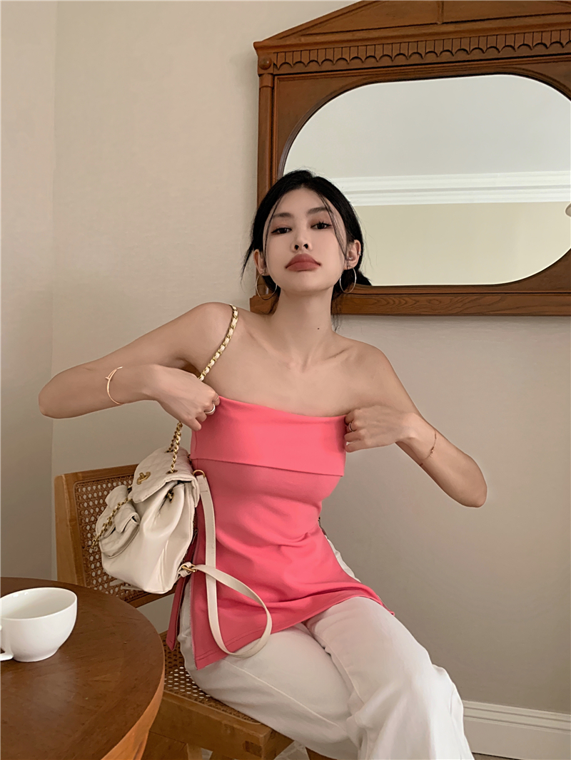 Real shot~ Strap-breasted one-shoulder top for women pink hot girl suspender vest tight outer wear design niche