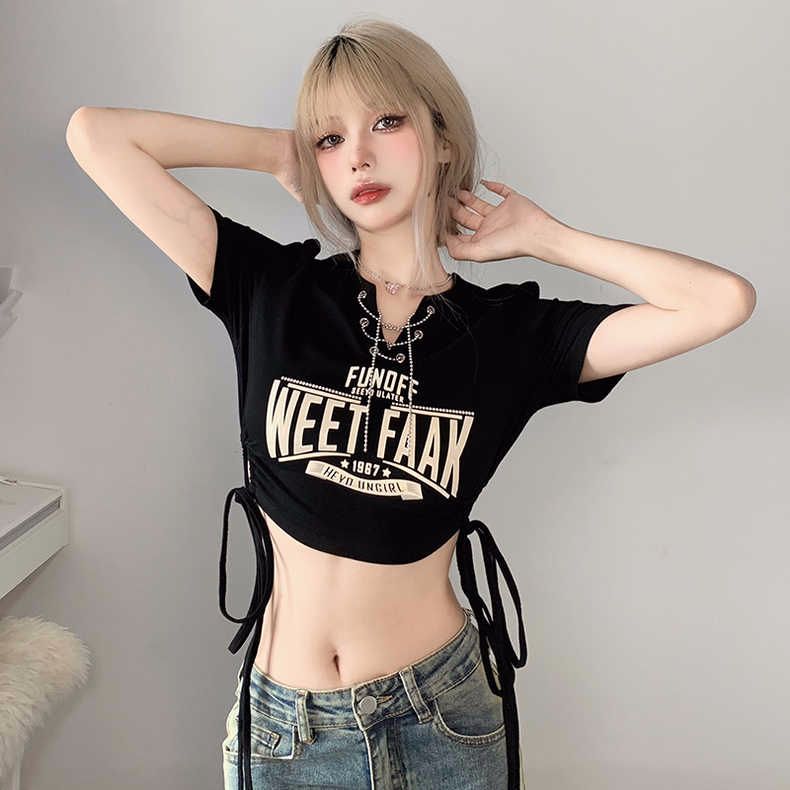 Ribbed summer American retro chain v-neck printed T-shirt women's short top