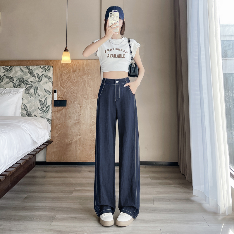 Dark blue tiny jeans for women in spring and summer 2025 high waist straight draping slimming bright line fashionable loose straight pants