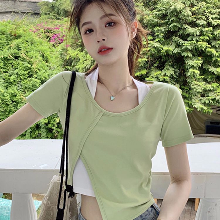 92-person cotton 8 spandex fake two-piece halter neck short summer new design hot girl slim irregular top