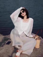 2025 French-style white outerwear with ice silk mesh lace-up thin summer knit cardigan for women, suitable for wearing with skirts or blouses