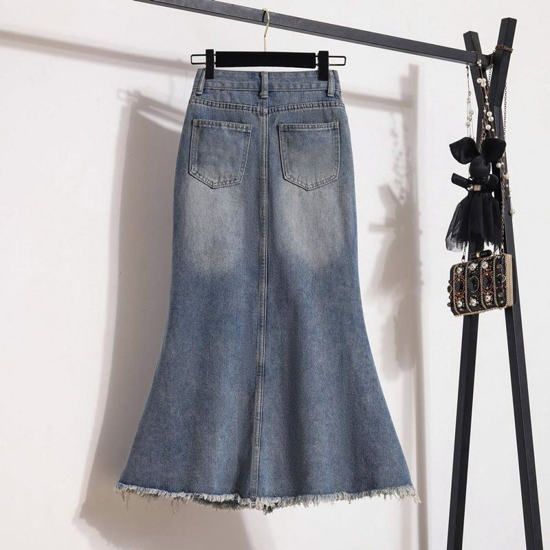 Fur-edged denim skirt for women in summer A-line hip-pack midi skirt ins retro high waist niche fish tail skirt