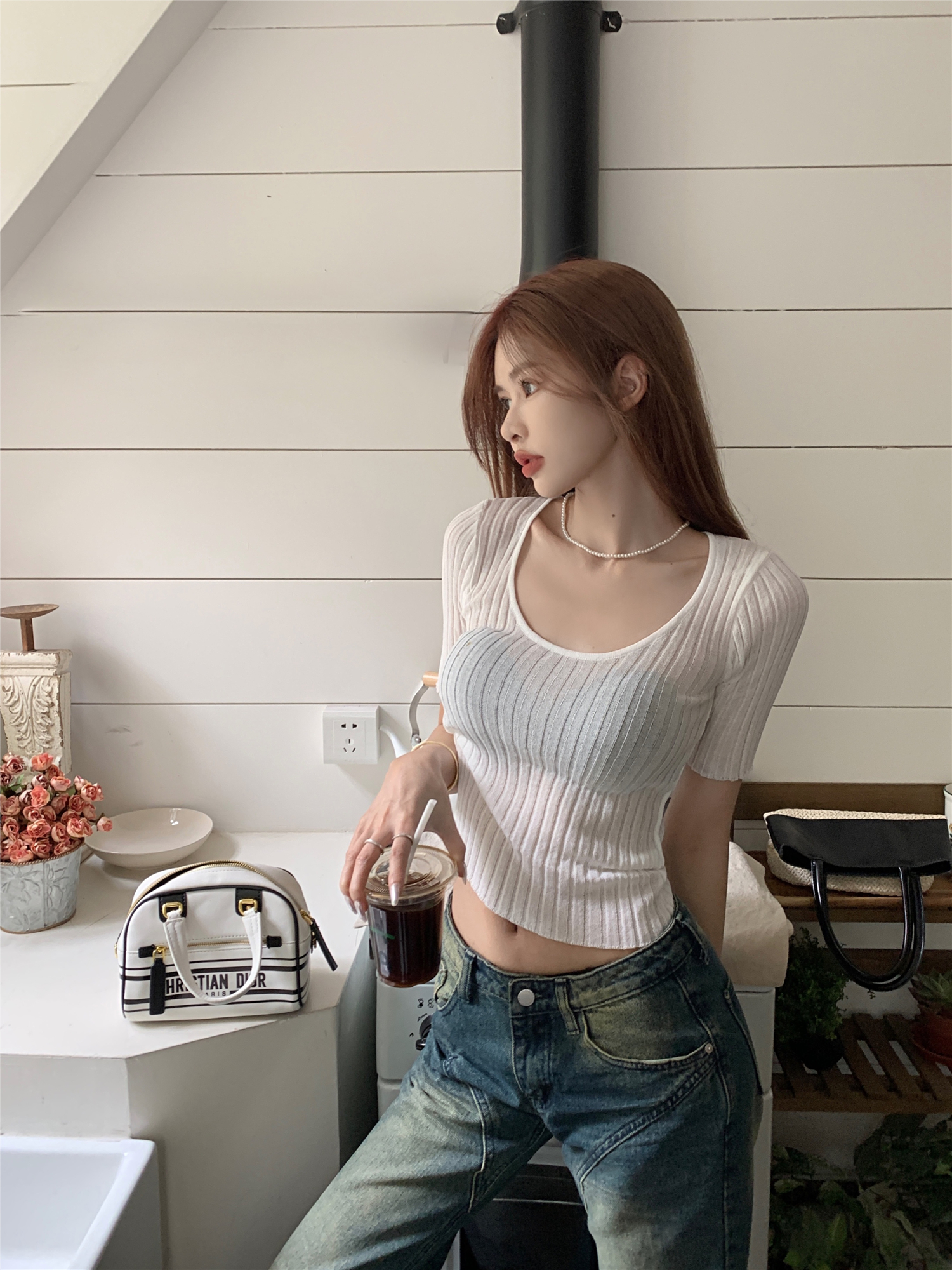 Real shot~ White pit strip base pure desire T-shirt short-sleeved versatile knitted tops new spring and summer