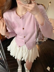 2025 new pink knitted cardigan jacket for women's spring top round neck wool sweater