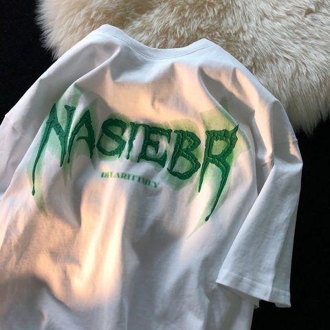 Neresum retro high street smudged letters short-sleeved T-shirt for women loose round neck ins super hot sweet cool couple top