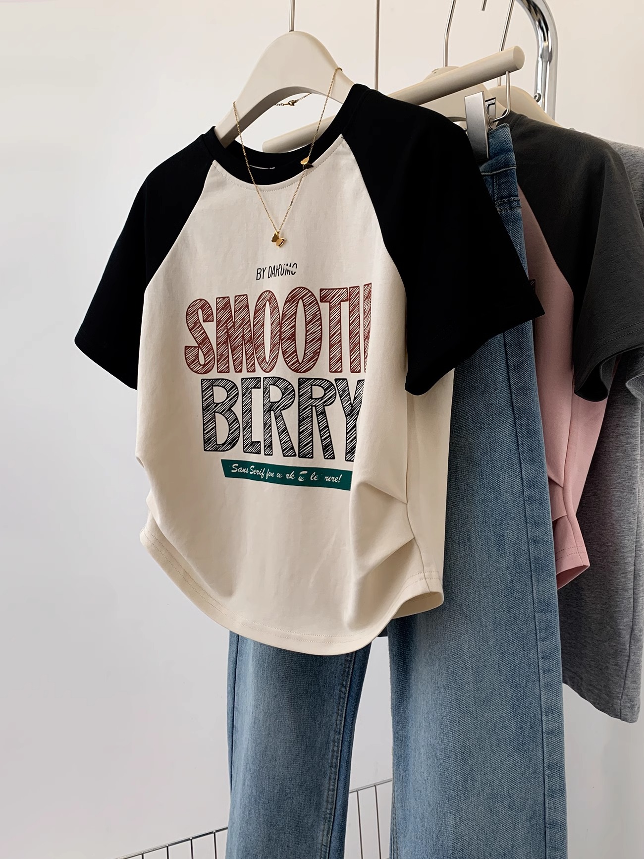 Official picture 92 cotton/8 spandex 40 210g pure cotton printed irregular short raglan sleeves
