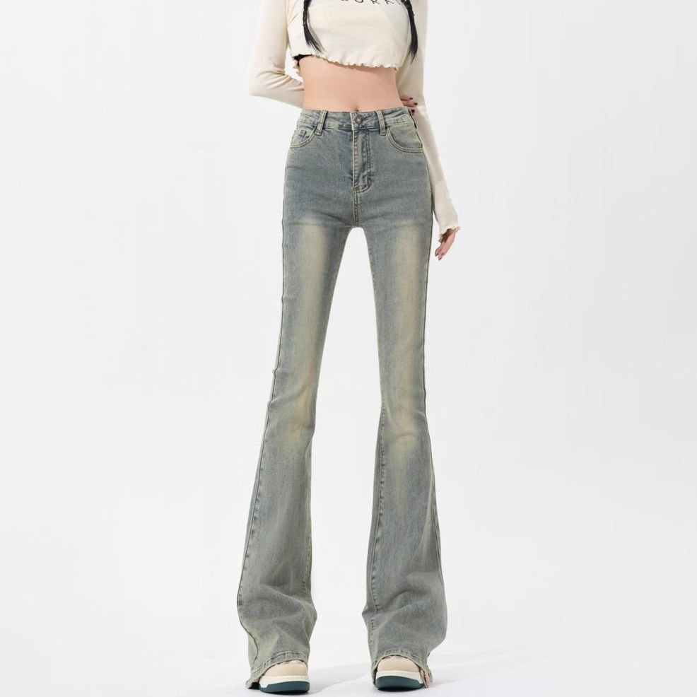American retro yellow mud color micro-flare jeans for women's spring new high-waist stretch slim fit horseshoe pants