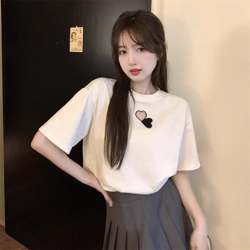 95 cotton 5 spandex quality pure cotton hollow love short-sleeved T-shirt for women loose and unique top