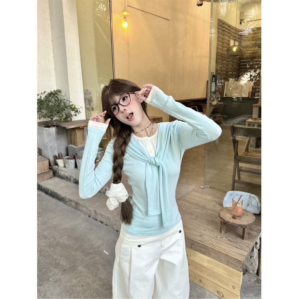 Modal cotton splicing fake two-piece strap long-sleeved T-shirt for women slim contrasting hot girl slim base shirt
