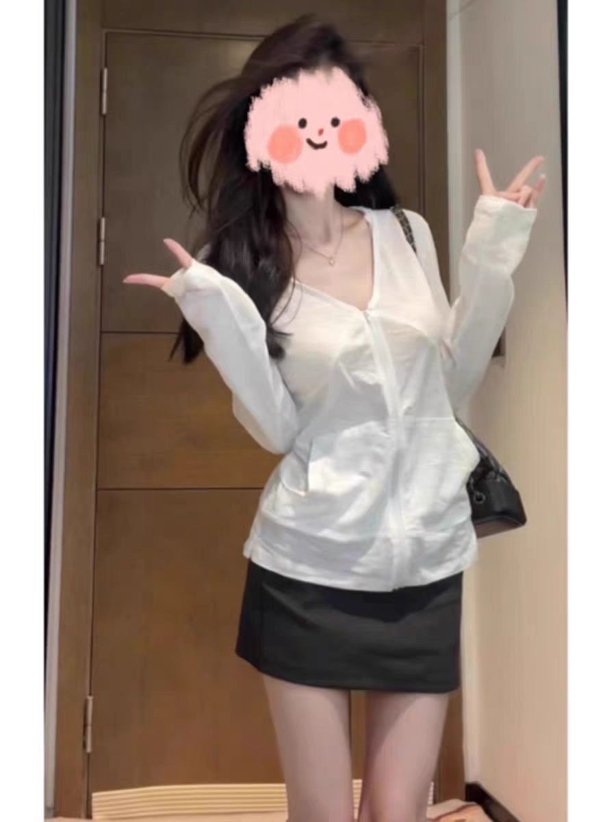 原版廣州面料  連帽拉鏈款白色防曬長袖t恤女百搭開衫上衣外套