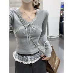 Original quality V-neck lace spliced ​​cross long-sleeved T-shirt for women with slim slim short base grey top