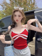 實拍美式甜辣妹蕾絲花邊小吊帶背心女夏季V領外穿內搭上衣