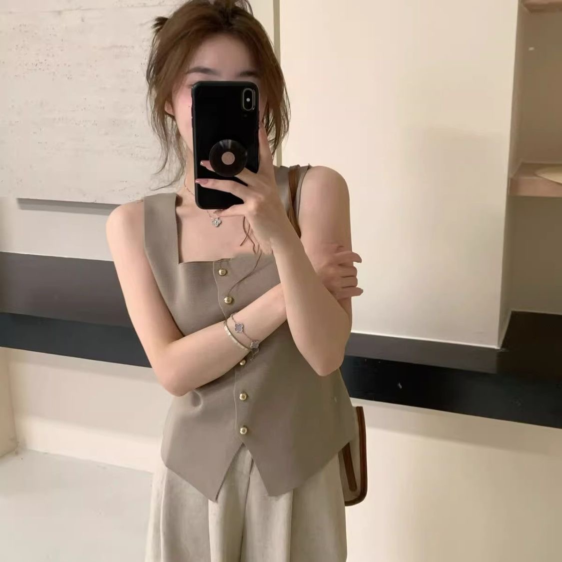 法式方領針織吊帶背心女內搭設計感小眾短款打底上衣無袖修身