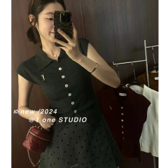 港味復古POLO領單排扣小飛袖針織開衫女秋裝開衩毛衣馬甲背心