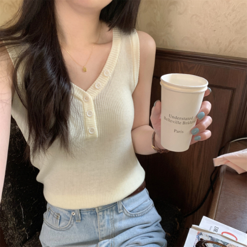 Real shot of summer Korean style half-open button v-neck 6 wool sweater sleeveless vest top for women