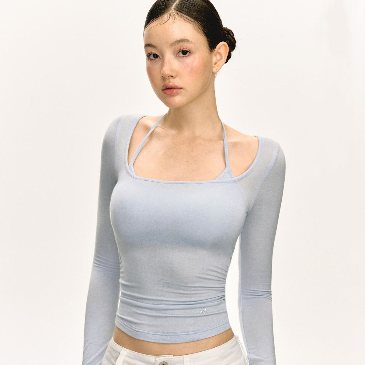 American hot girl pure halter neck strap fake two-piece T-shirt women slim sexy long-sleeved top