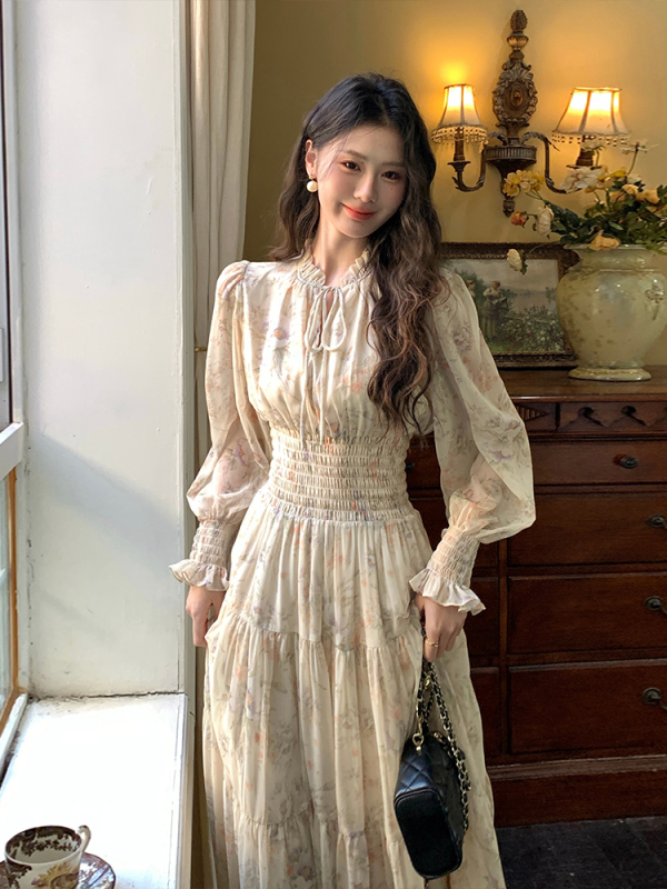 Spring French floral skirt chiffon tea break long skirt high-quality long-sleeved dress