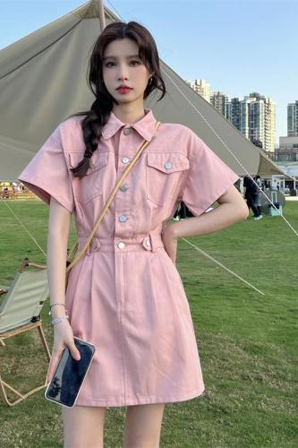 Washing cotton twill Korean high-end short-sleeved dress for women's summer new chic waist-closing A-line short skirt