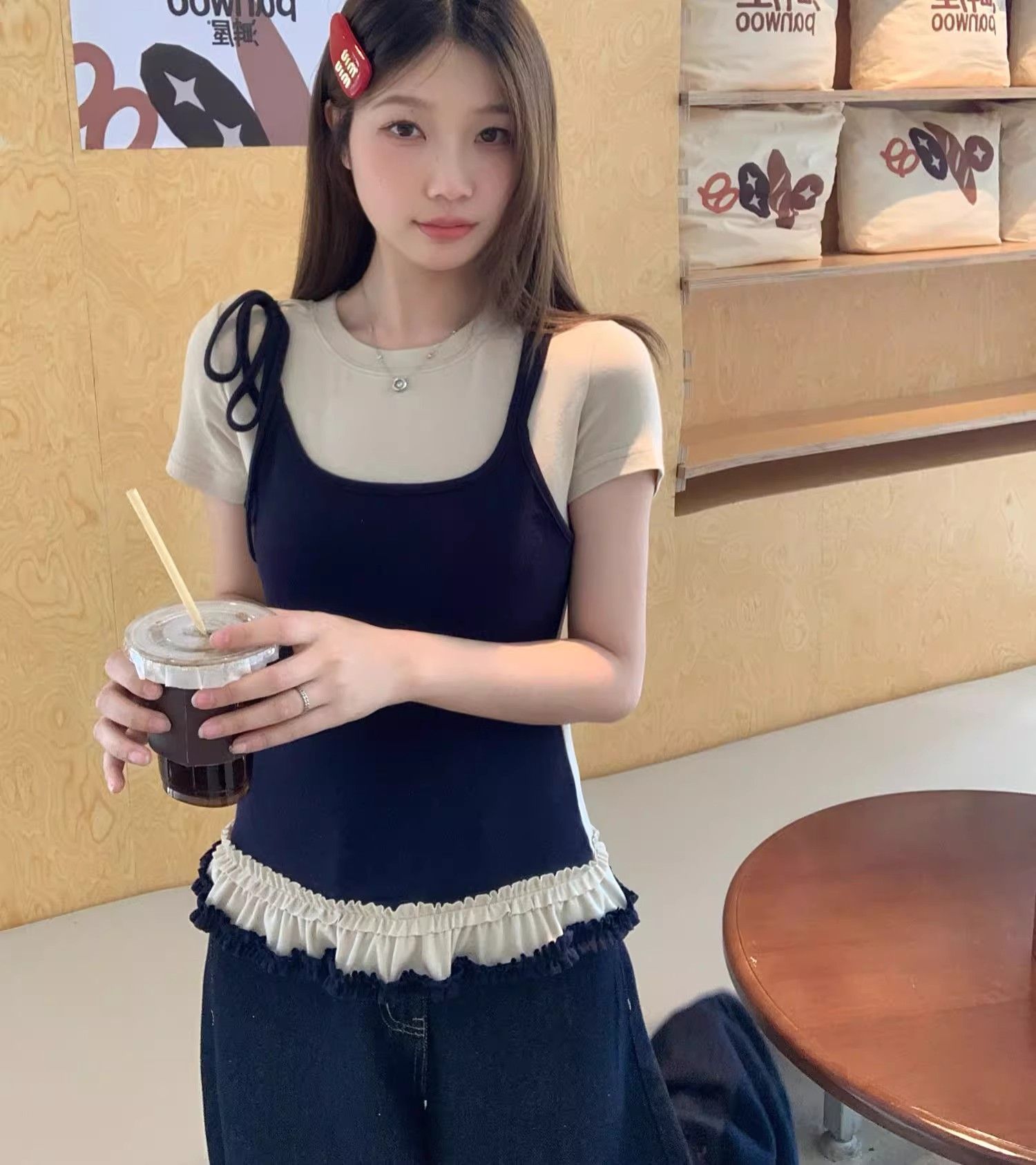 2025 new Korean summer fake two-piece suspender splicing short-sleeved T-shirt with wood ears fashionable slim body