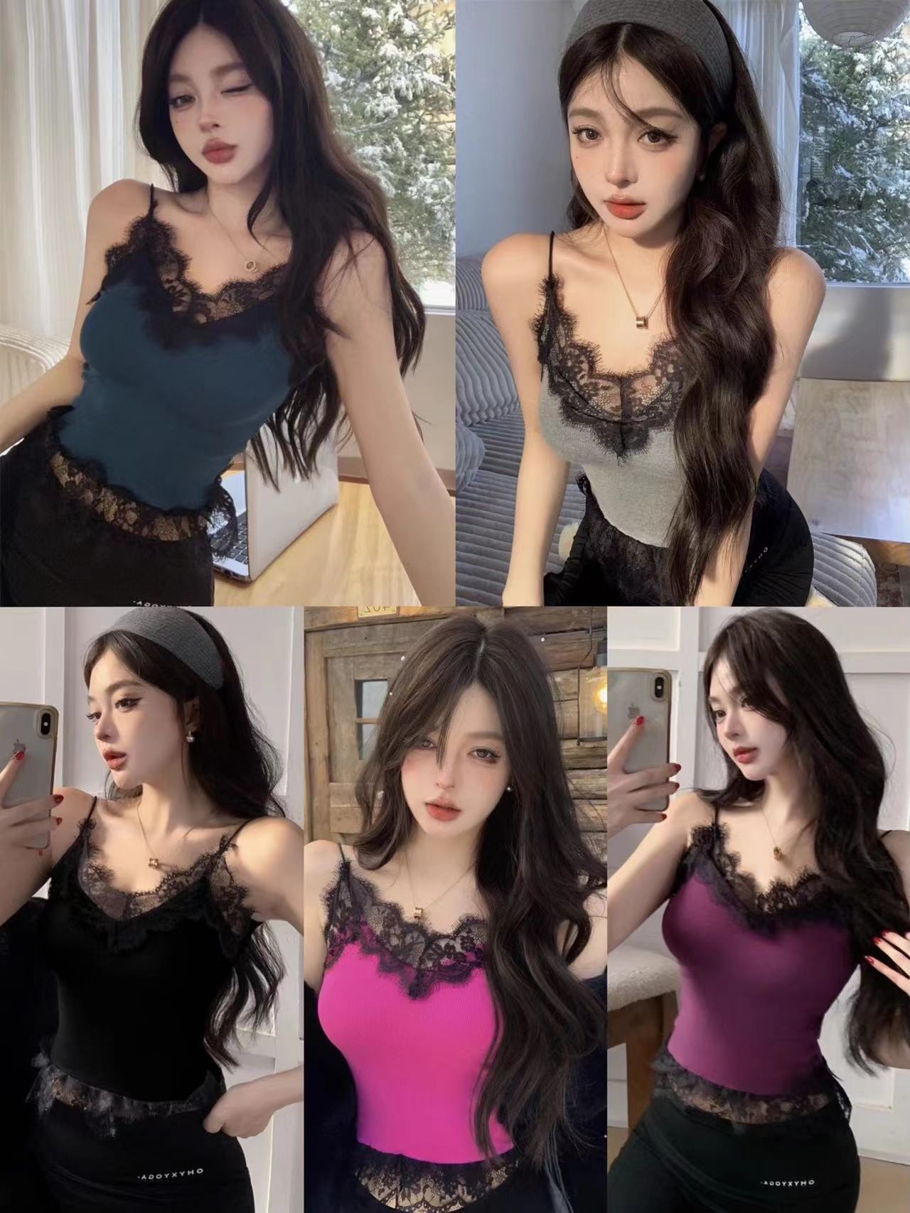 260g Cotton Lace Edge Sexy Backless New Style Ribbed Lace V-Neck Bodycon Top for Women Summer