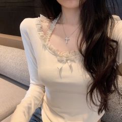 Tmall quality pure long-sleeved T-shirt autumn and winter neck halter design slim hot top for women