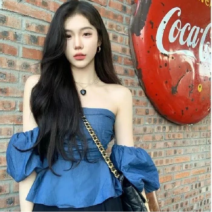 Tennis denim one-shoulder off-shoulder puff sleeve shirt