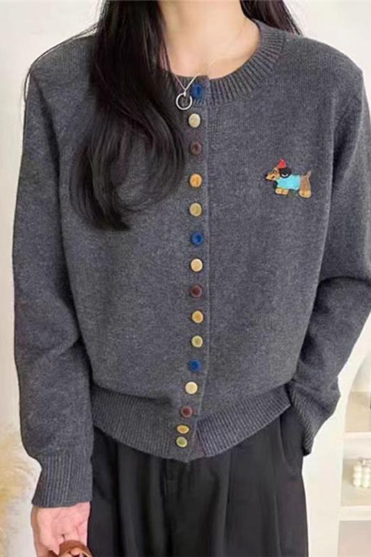 Spring large size round neck cartoon puppy color buckle knitted cardigan temperament fashionable versatile sweater top coat women