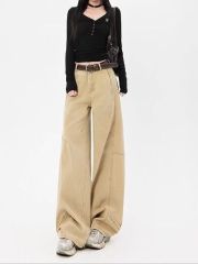 American retro jeans for women in spring and summer design khaki loose wide-leg straight trousers