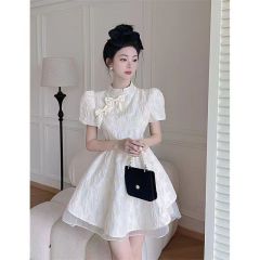 New Chinese white dress for women 2025 summer new small person sweet first love waist escaping princess puffy skirt
