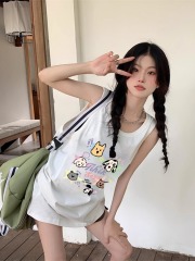 High-quality pure cotton 200g 21 combed tight thread collar method printed loose vest suspender T-shirt for women