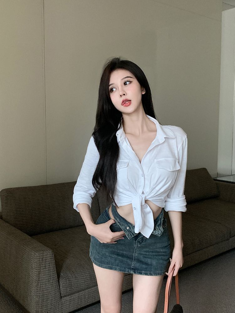 White slim shirt women's autumn pure long-sleeved shirt small design niche unique waist top