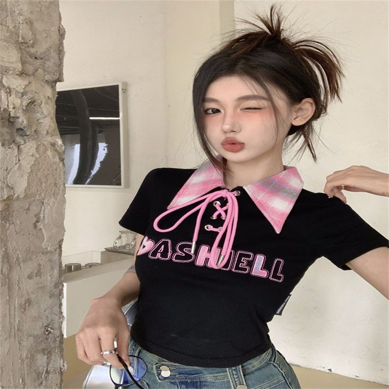 字母刺繡系帶polo領短袖體恤女夏季設計感甜辣妹修身短款黑色上衣